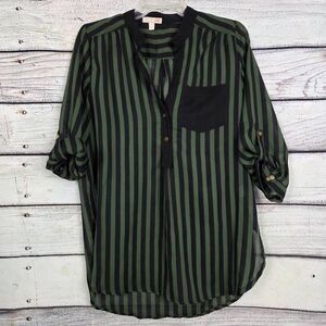 GB Green Black Striped Roll Tab Blouse Sheeer Size L
